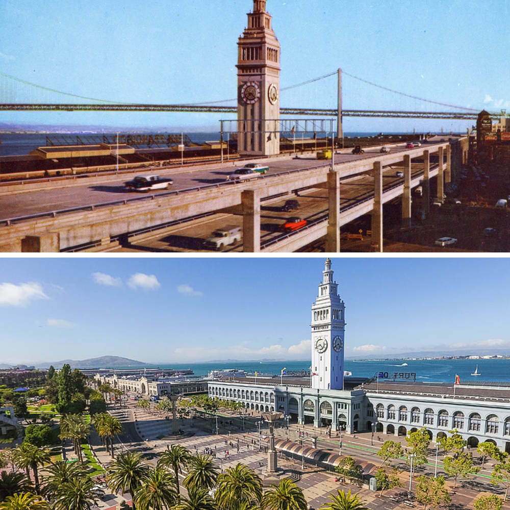 The ferry building shot from roughly the same location with and without the Embarcadero highway